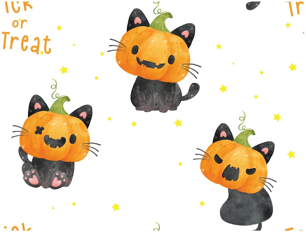 pattern seamless background cute pumpkin head face balck cats  Hallooween watercolor hand drawn illustration vector isolated on white background