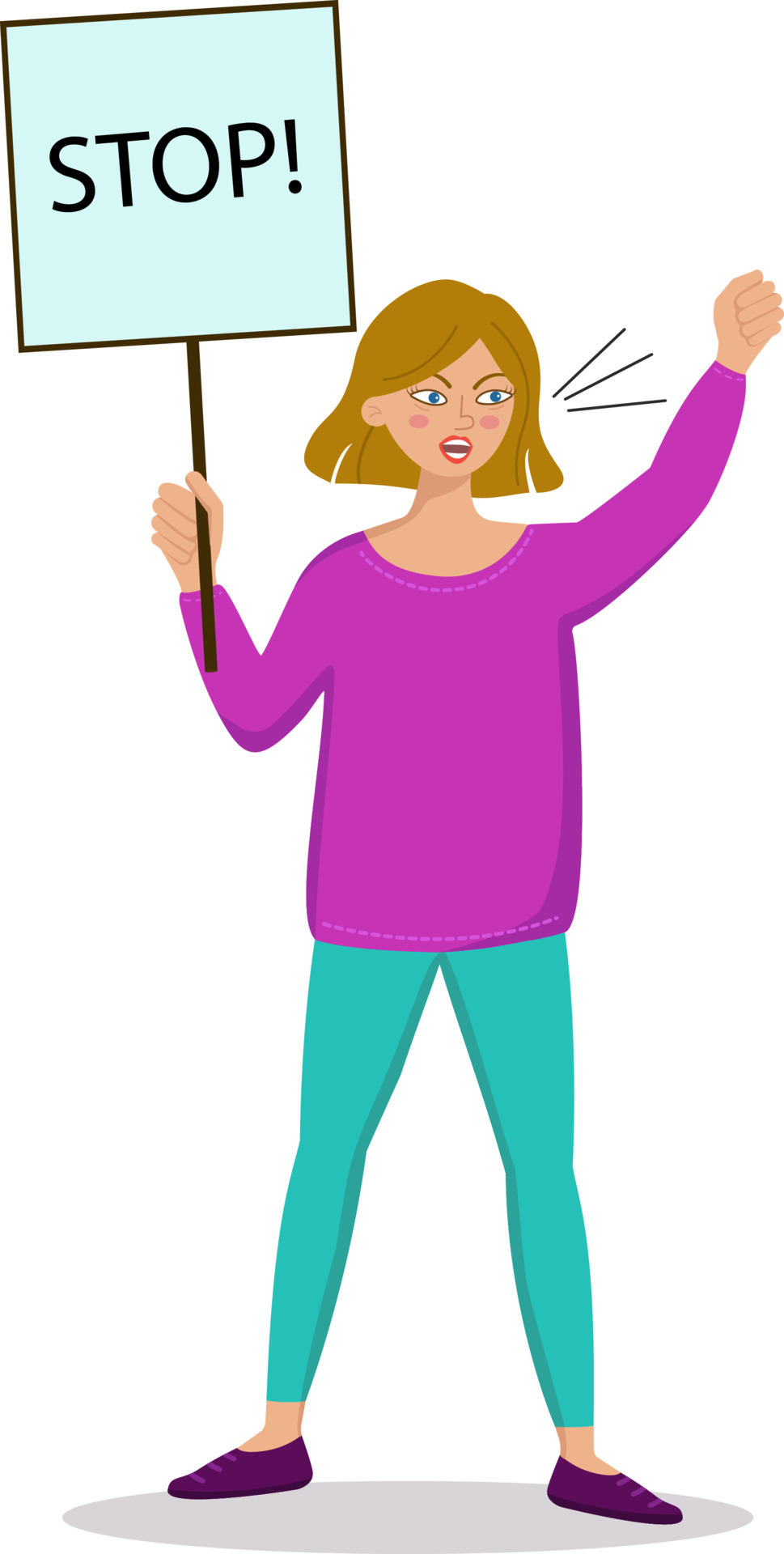 A woman holds a poster. An activist with a poster. Peaceful protest for