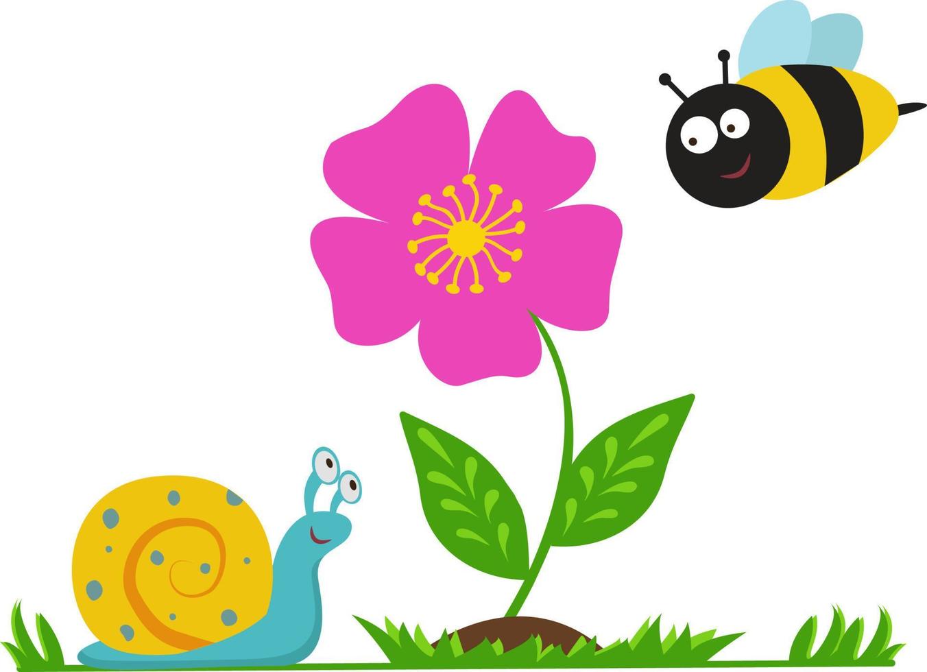 ilustración vectorial con una flor, una abeja y un caracol. linda ilustración infantil. para libros y revistas infantiles, diseño de habitaciones infantiles, marketing, publicidad, aplicaciones web y diseño. vector
