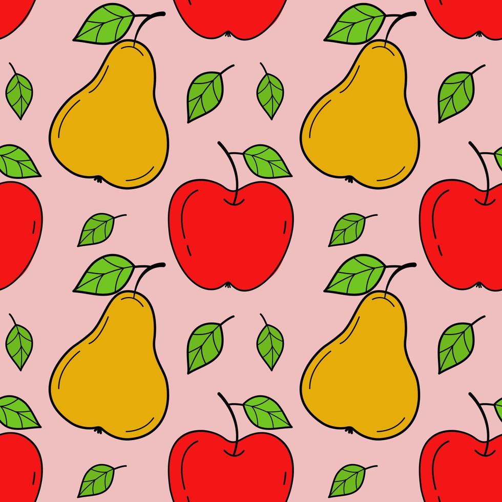 Painted seamless background with apples and pears. Abstract repeating pattern. For paper, cover, fabric, healthy food background, gift wrapping, wall art, interior decor. vector
