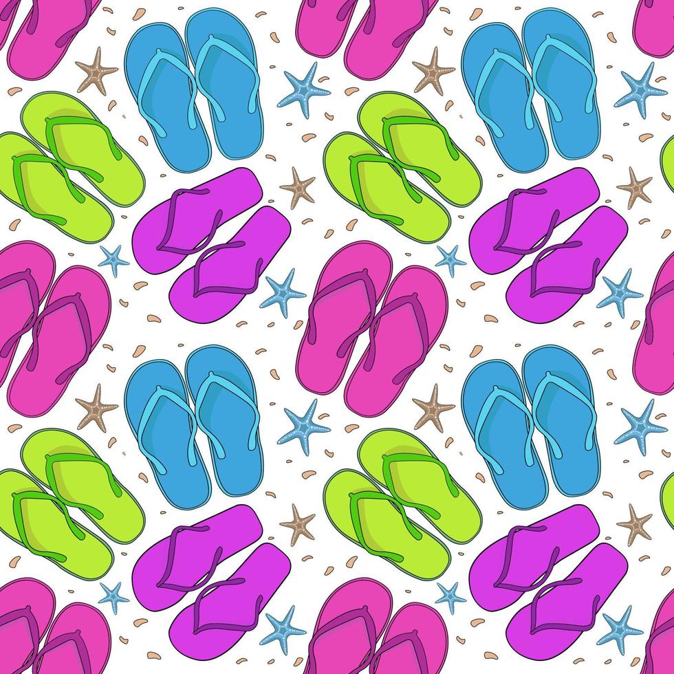 Summer flip-flops and starfish isolated on a white background. Vector illustration of a summer beach collection. An idea for fashion illustrations, magazines, printing on clothes, advertising.