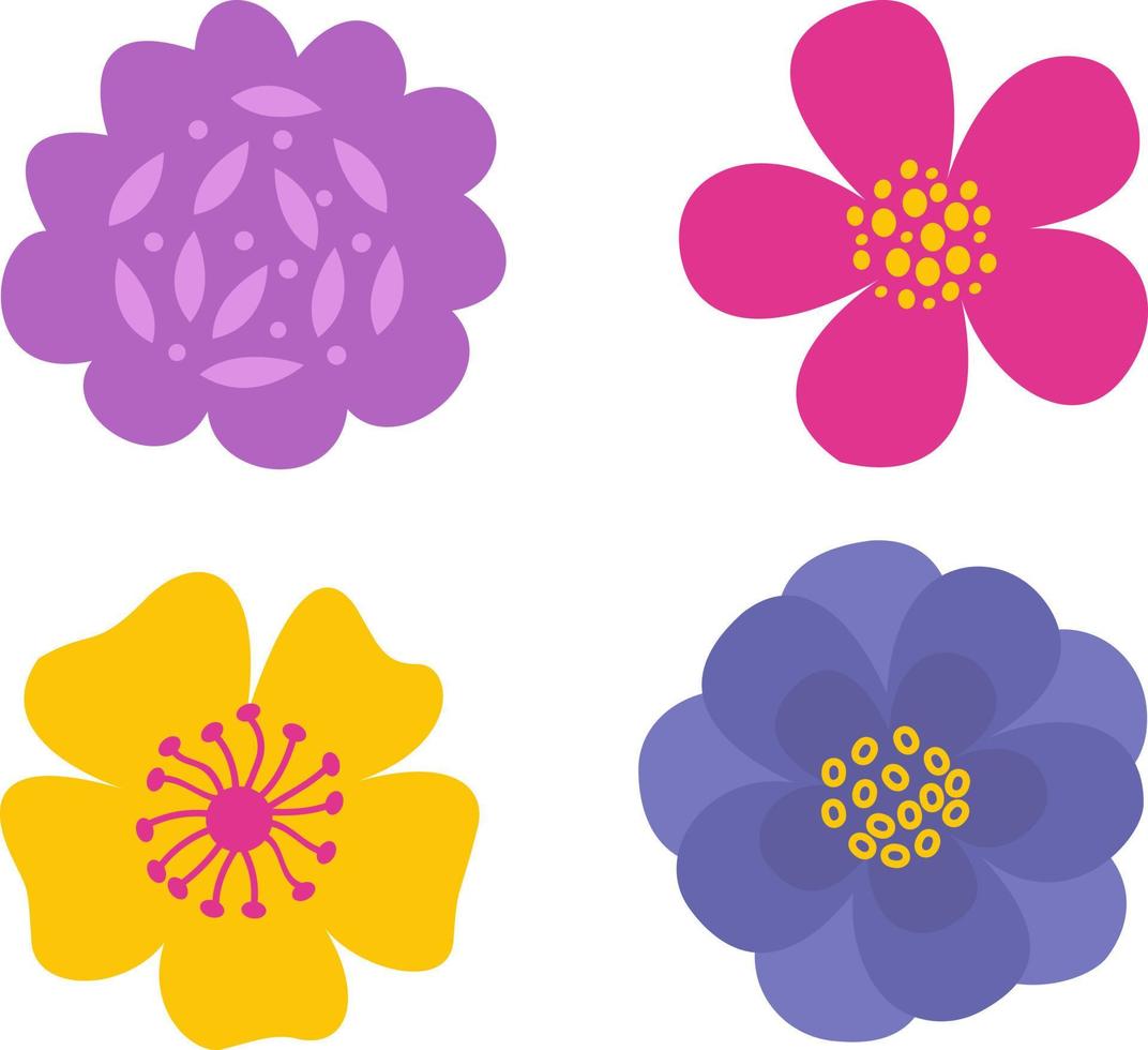 A set of stylized colors highlighted on a white background. Vector flowers in cartoon style, for greetings, weddings, flower design, web design.