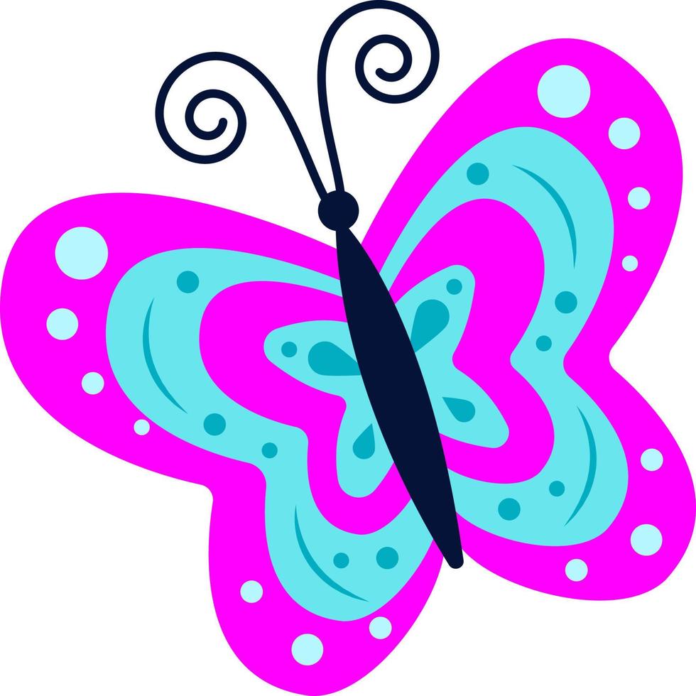 A bright illustration of a blue-pink butterfly on a white background, a vector butterfly, an idea for a logo, coloring books, magazines, printing on clothes, advertising. Beautiful butterfly