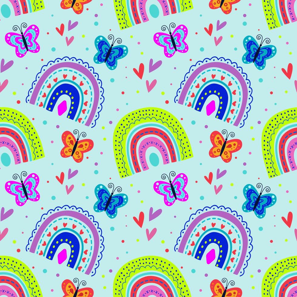 Vector seamless pattern with rainbows of bright colors with a beautiful ornament highlighted on a white background is ideal for children's posters.