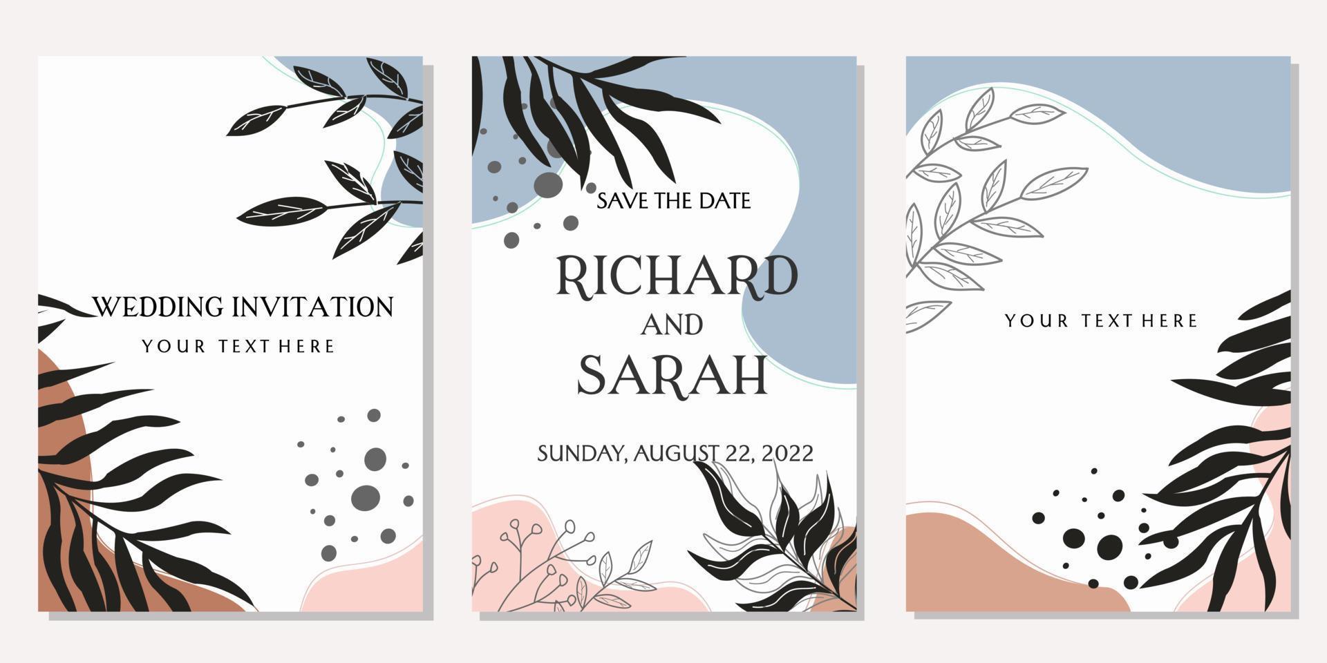 conjunto de diseño de invitación de boda de color pastel. fondo estético con elementos florales dibujados a mano. diseño plano vector