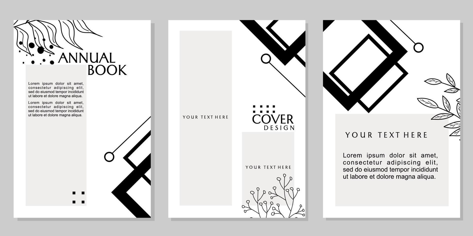 white annual book report template set. cover design with triangle shape elements and silhouette leaves vector