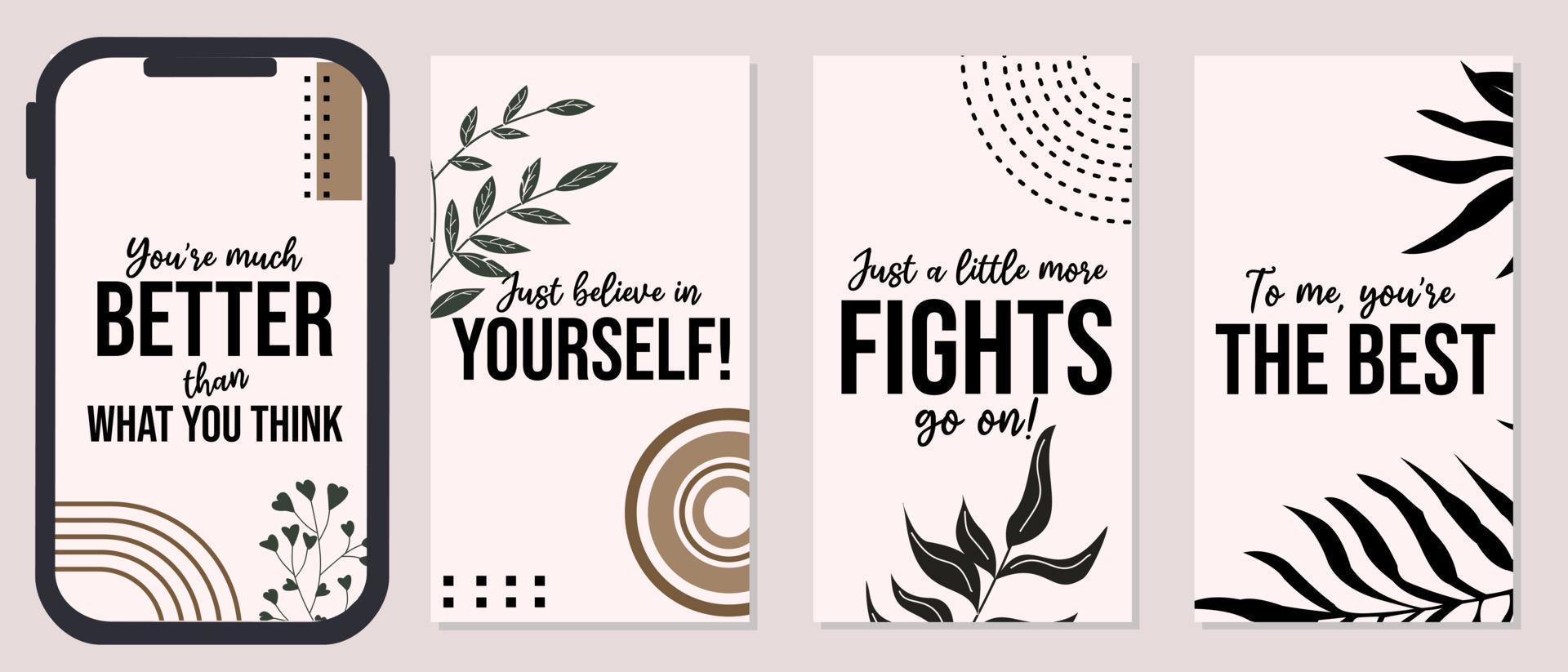 set of motivational quote templates for social media stories. brown color background with abstract leaf elements vector