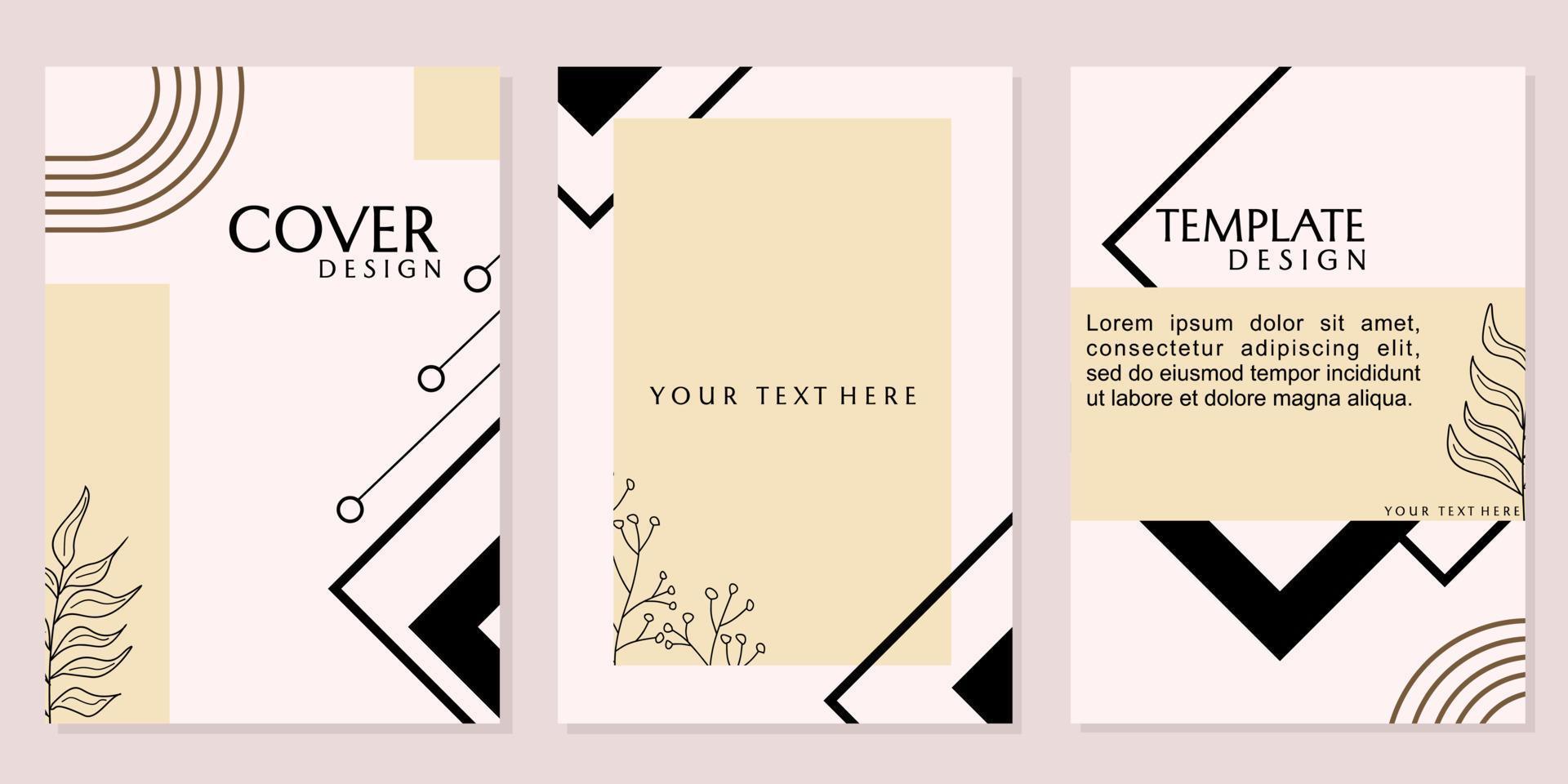 set of pastel white cover templates. abstract geometric background with hand drawn floral elements vector