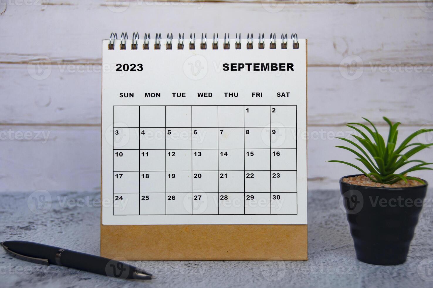 September 2023 desk calendar with table plant and pen. photo