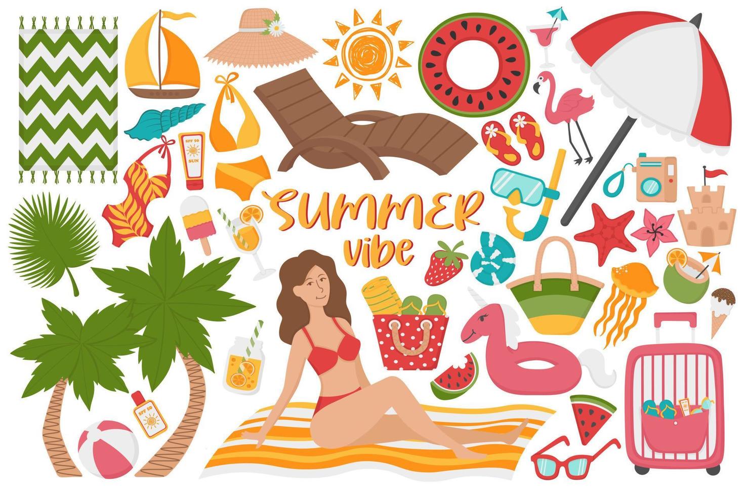 Set of summer holidays on the beach. Doodle flat clipart. All objects are repainted. vector