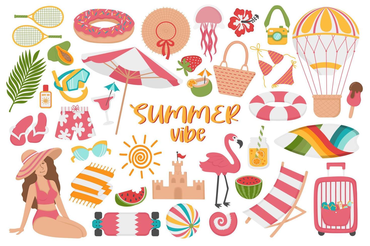 Set of summer holidays on the beach. Doodle flat clipart. All objects are repainted. vector