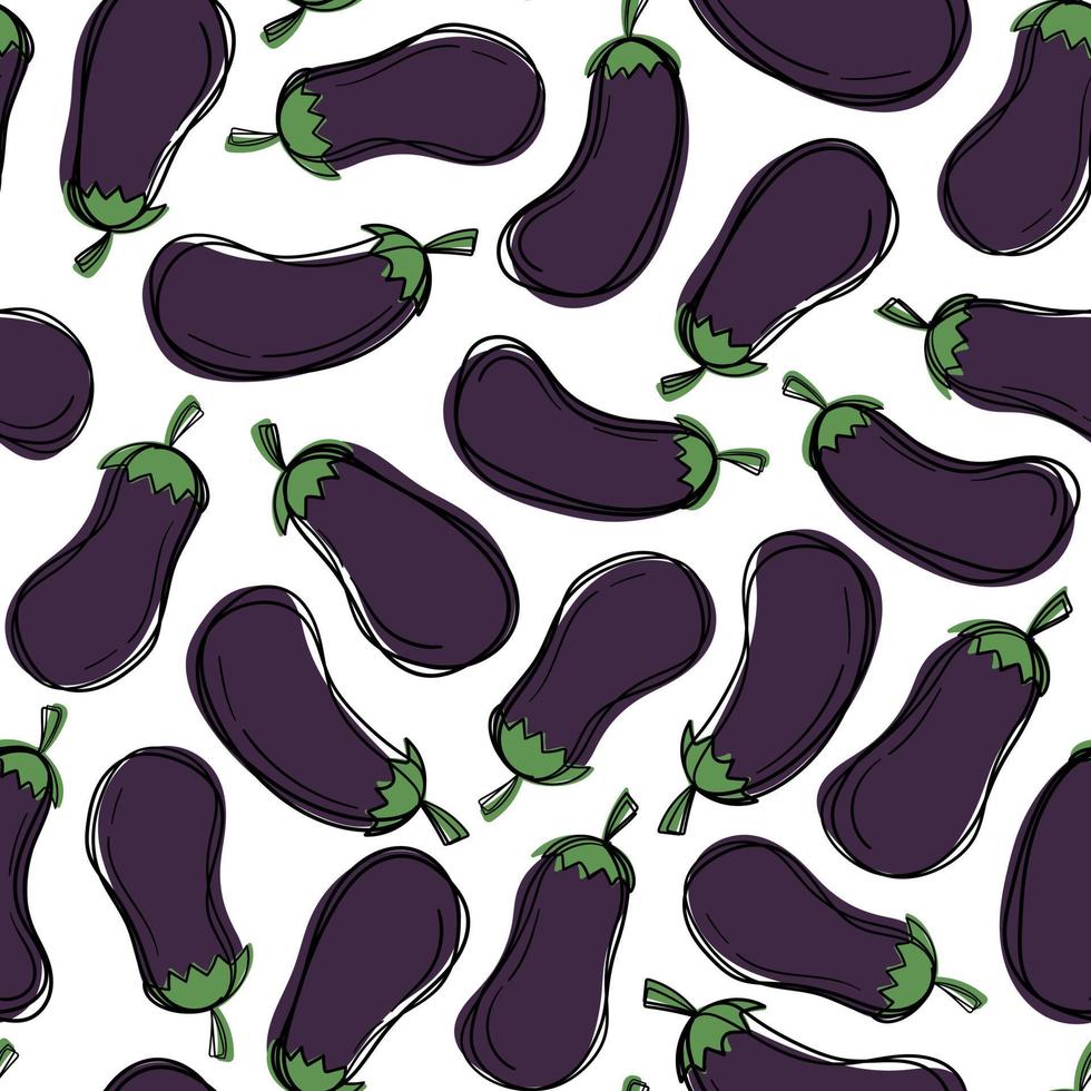 Cute cartoon eggplant seamless pattern. Bright outline and rich colors. vector