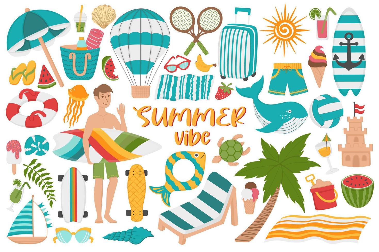 Set of summer holidays on the beach. Doodle flat clipart. All objects are repainted. vector