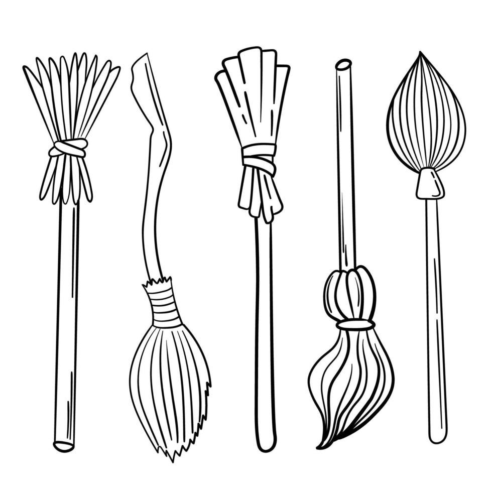 Doodle stickers witch broom set vector
