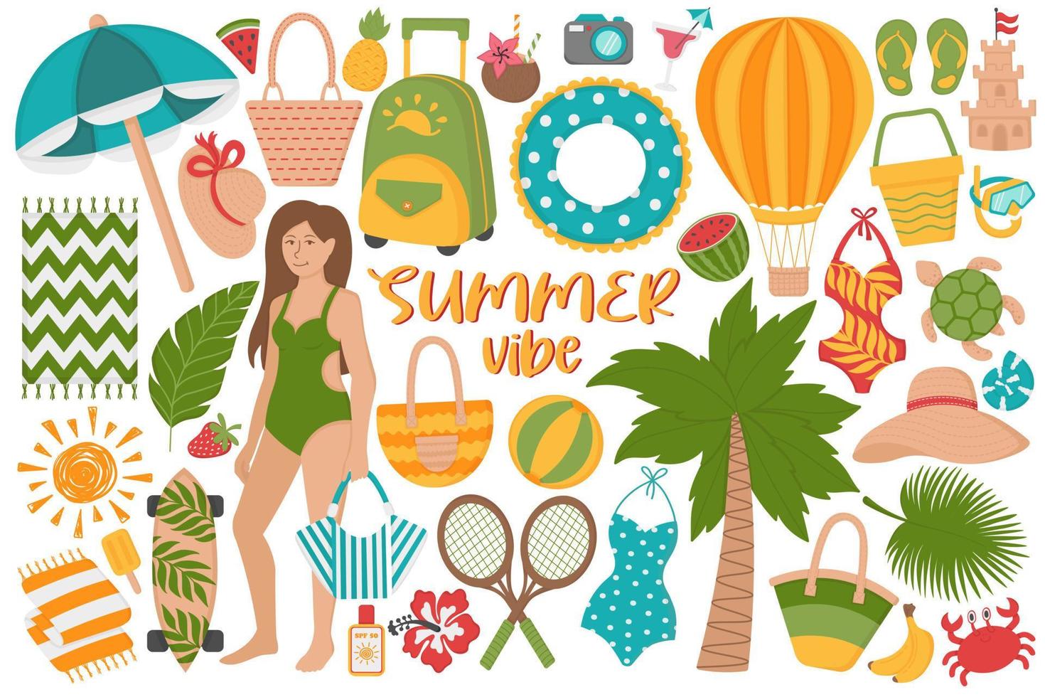 conjunto de vacaciones de verano en la playa. garabatear imágenes prediseñadas planas. Todos los objetos están repintados. vector