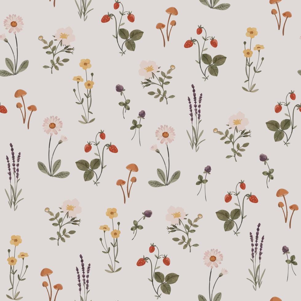 Pattern with delicate wildflowers and plants vector