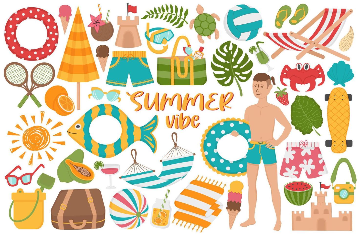 Set of summer holidays on the beach. Doodle flat clipart. All objects are repainted. vector