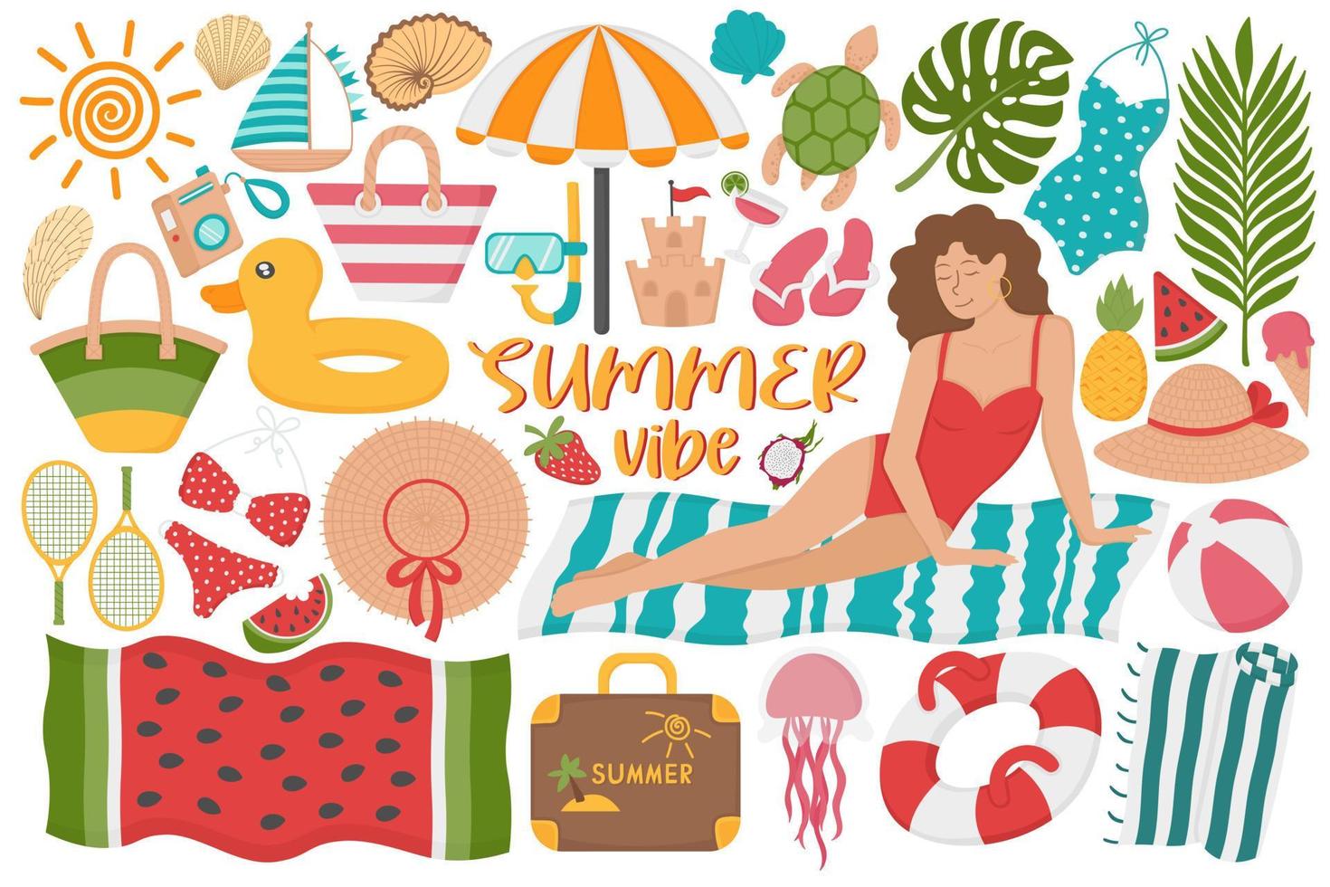 conjunto de vacaciones de verano en la playa. garabatear imágenes prediseñadas planas. Todos los objetos están repintados. vector