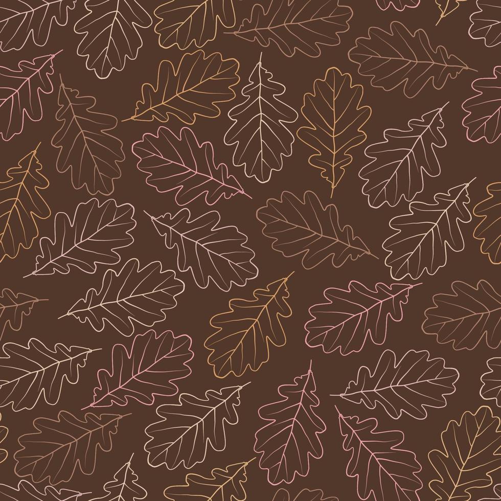 Seamless pattern with oak leaves, acorns. Vector autumn texture isolated, hand drawn in doodle style, black outline. Concept of forest, leaf fall, nature, thanksgiving