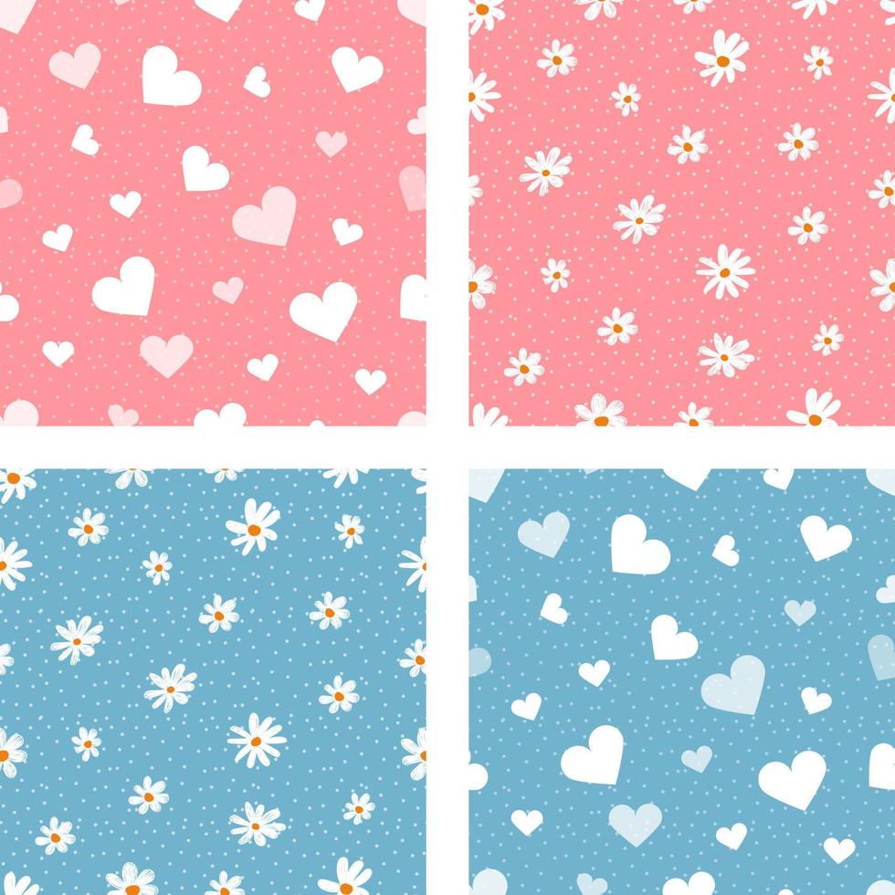 Set of patterns with hearts and daisies vector