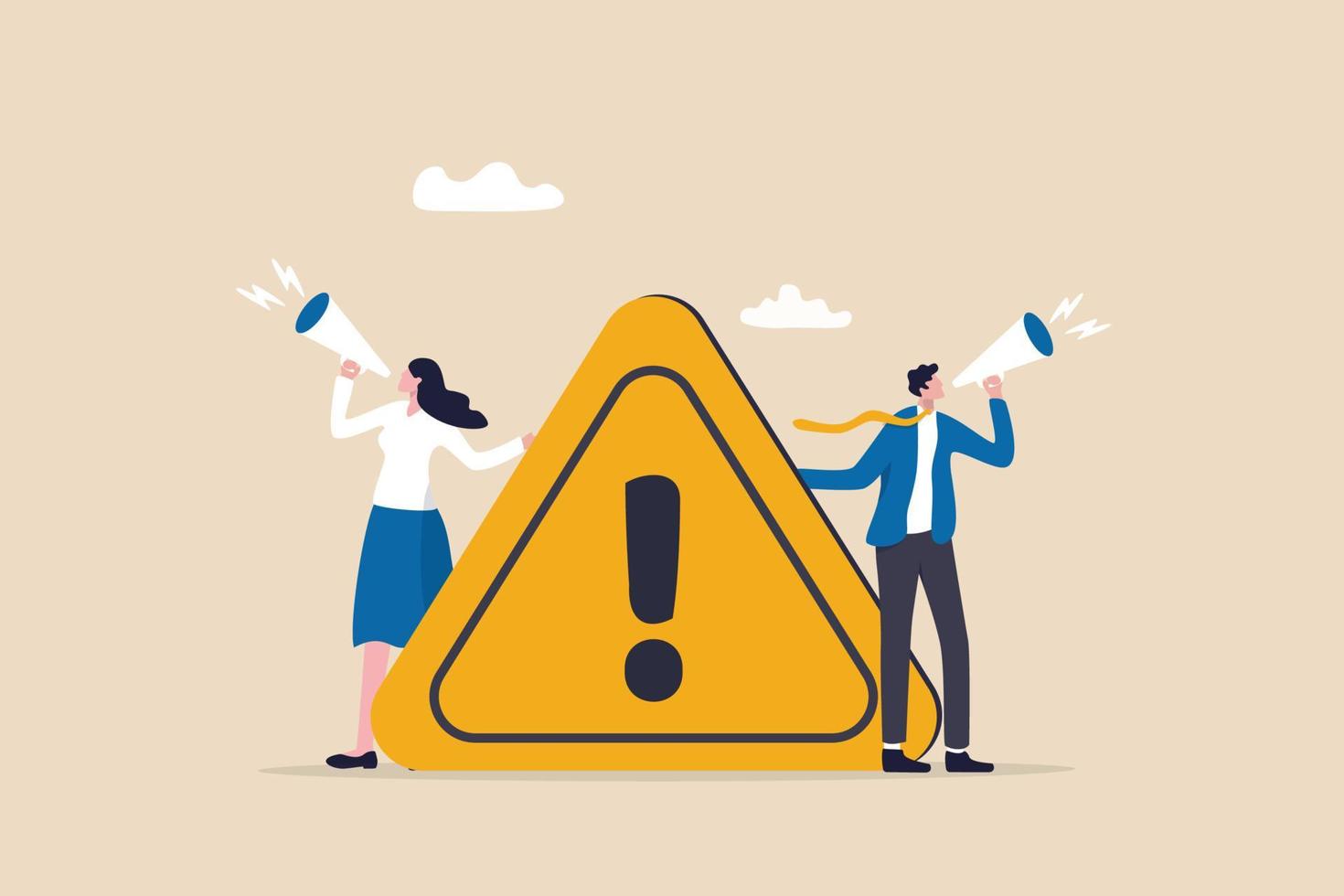 Important announcement, attention or warning information, breaking news or urgent message communication, alert and beware concept, business people announce on megaphone with attention exclamation sign vector