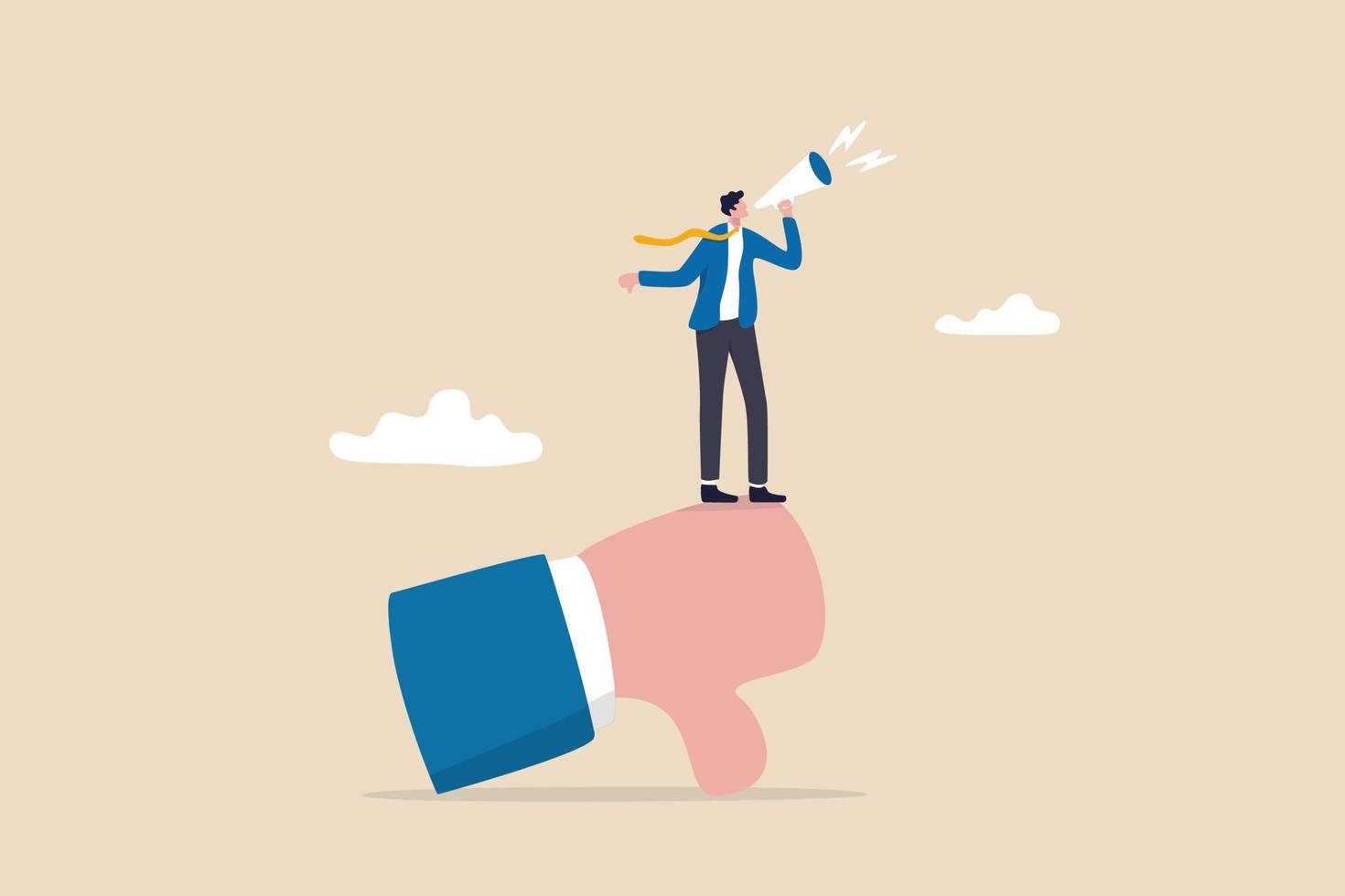 Discredit or blame other people, bullying and discourage speaking, fake news or negative feedback concept, bad businessman with megaphone discredit and blaming other people on thumb down symbol. vector