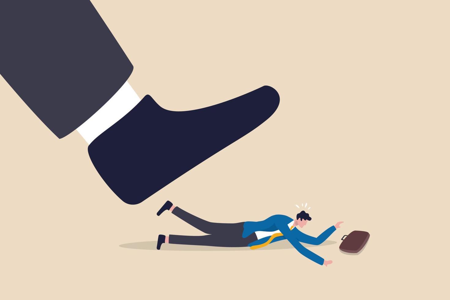 Workplace harassment, abuse or office violence, colleagues bullying or discrimination, bossy manager or aggression concept, violence boss put his giant feet on fearful businessman harassment victim. vector