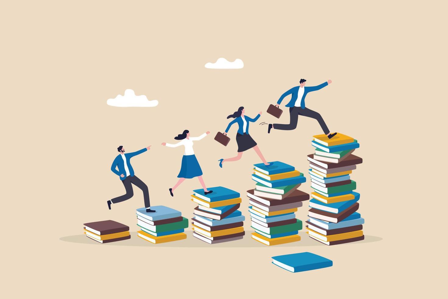 Knowledge or education to help business success, wisdom or learning to help employee achieve goal, training or education course concept, people running on growth book stack to achieve goal. vector