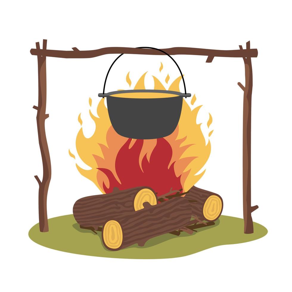 A wood-burning campfire with a camp pot. vector