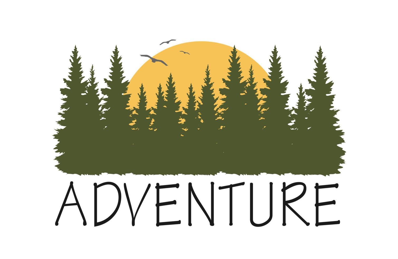 Adventure emblem with a fir forest and the sun. vector