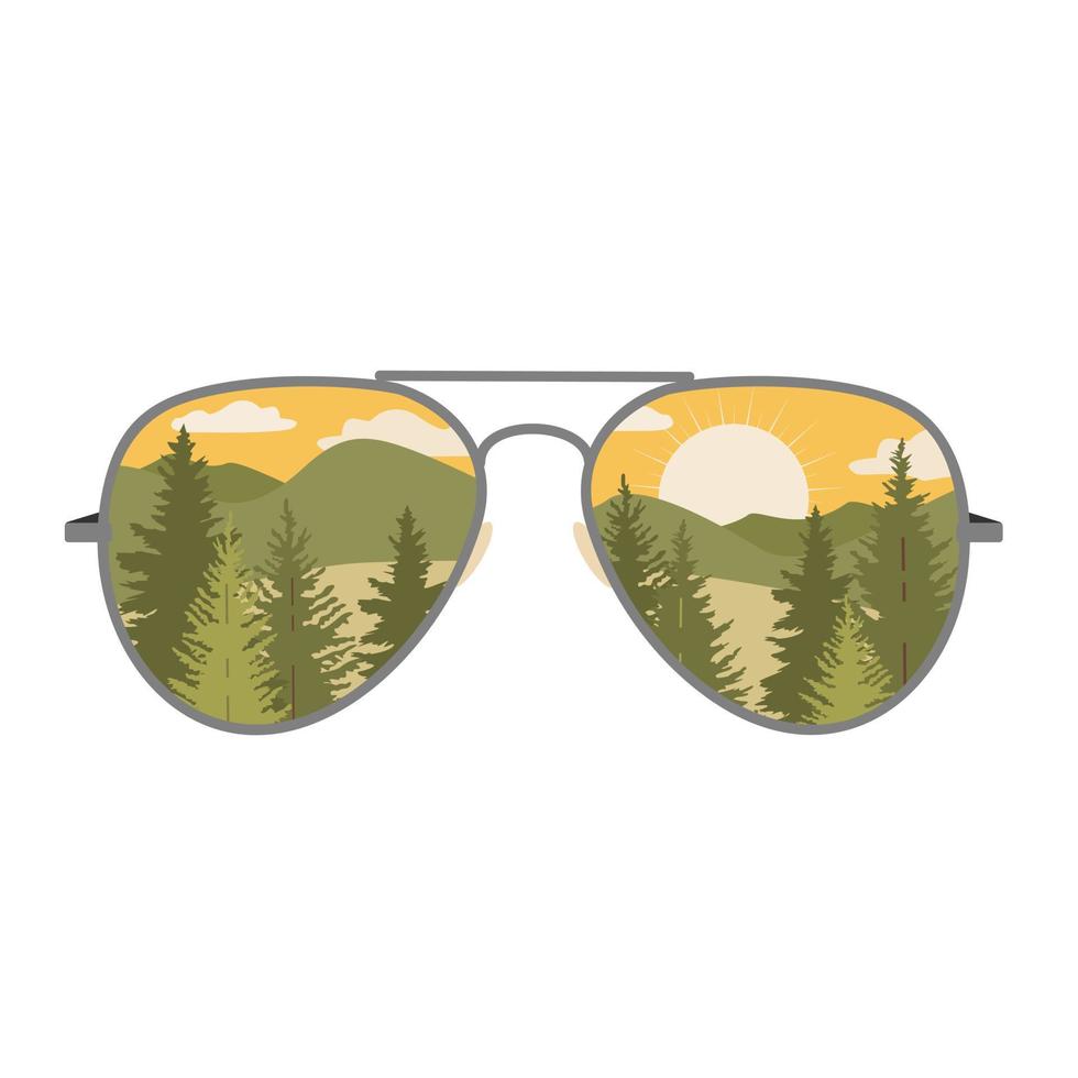 Hiking glasses with a reflection of the forest and mountains. vector