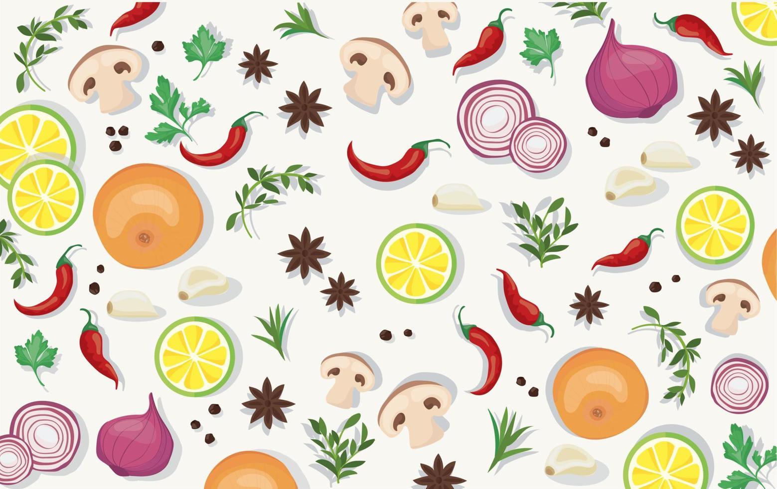 fondo de alimentos vegetales y especias vector