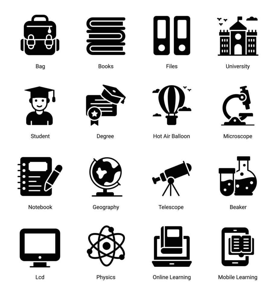 education glyph icons set isolated on white background vector