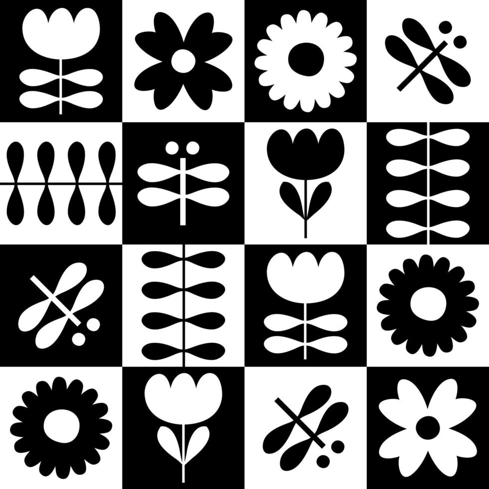 Monochrome seamless pattern with tulip flowers and dragonflies. vector