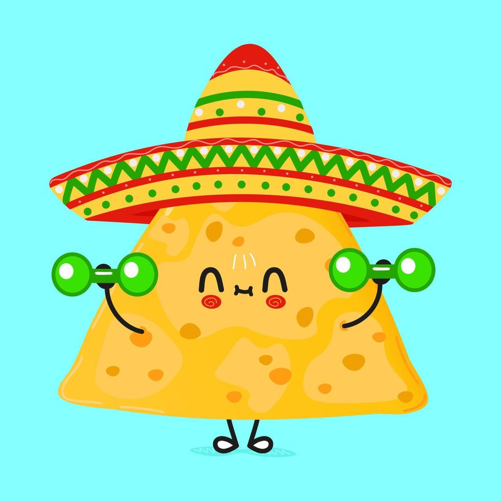 lindo personaje divertido de nachos con pesas. icono de ilustración de personaje kawaii de dibujos animados dibujados a mano vectorial. aislado sobre fondo azul. concepto de gimnasio de personajes de nachos vector