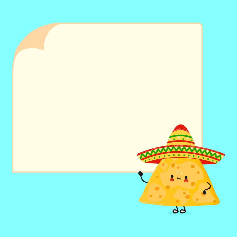 lindo personaje divertido del cartel de nachos. ilustración de personaje kawaii de dibujos animados dibujados a mano vectorial. fondo azul aislado. cartel de nachos vector