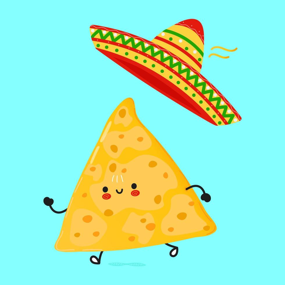 lindos y divertidos nachos corriendo. icono de ilustración de personaje kawaii de dibujos animados dibujados a mano vectorial. aislado sobre fondo azul. ejecuta el concepto de nachos vector