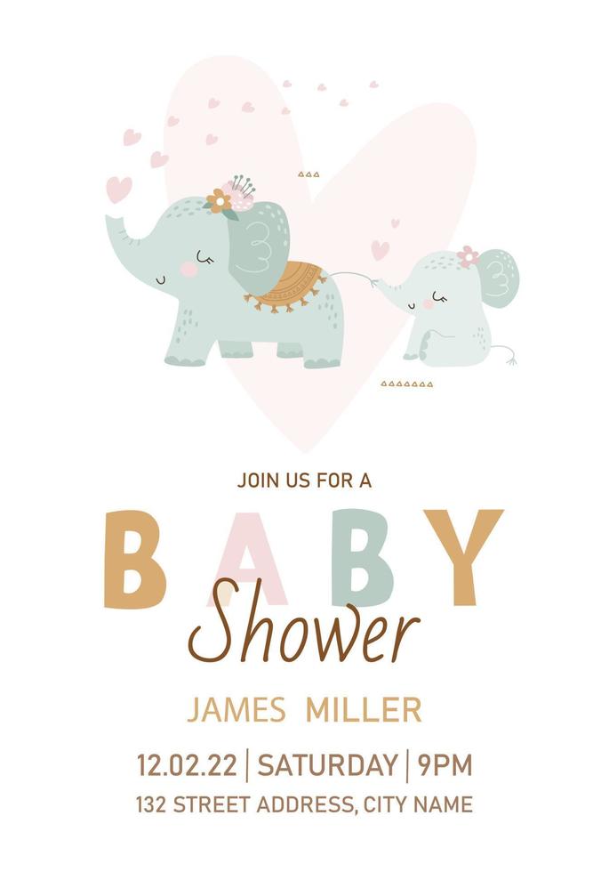 Baby shower card with elephant. Vector illustrations