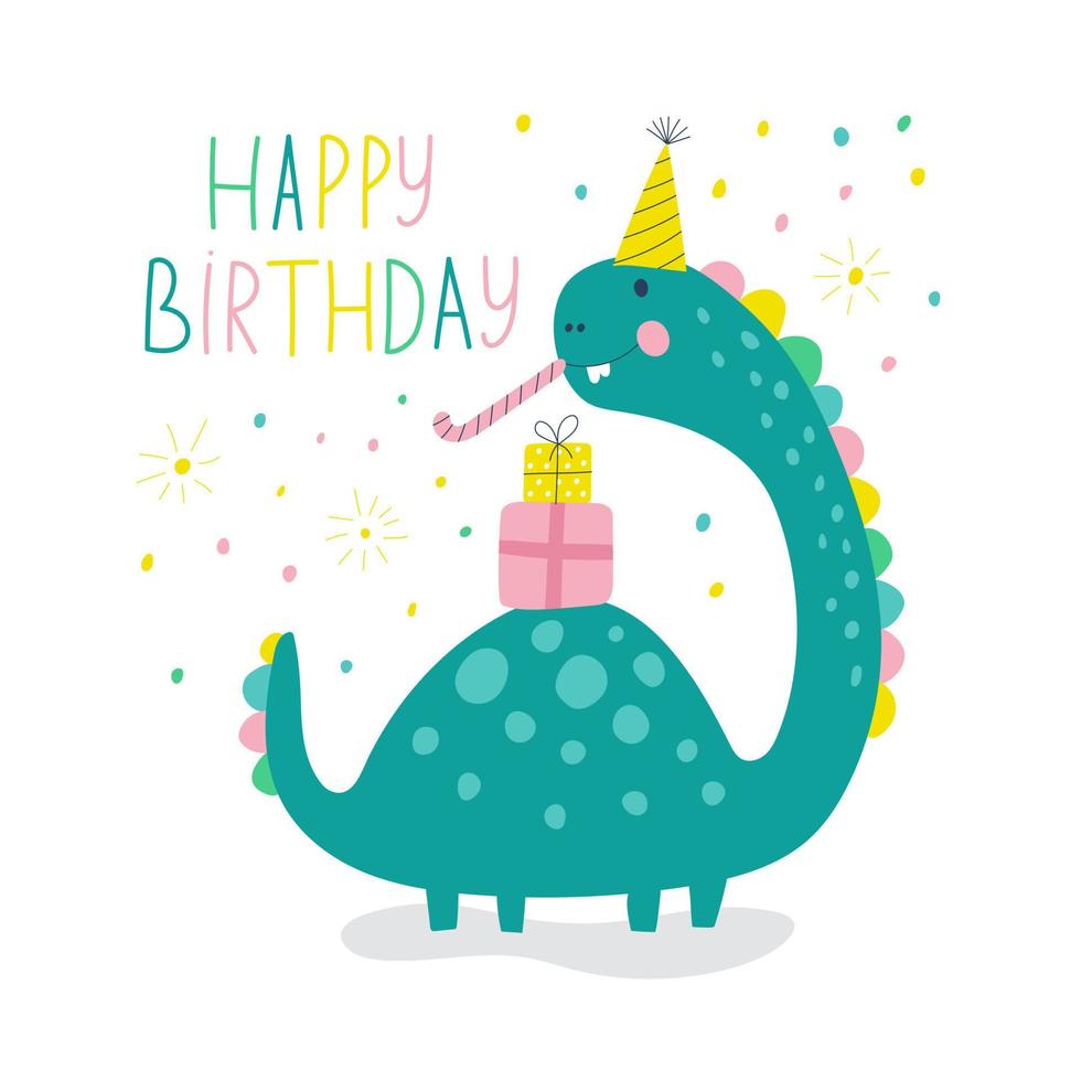 Happy birthday card with cute dino. Vector illustrations