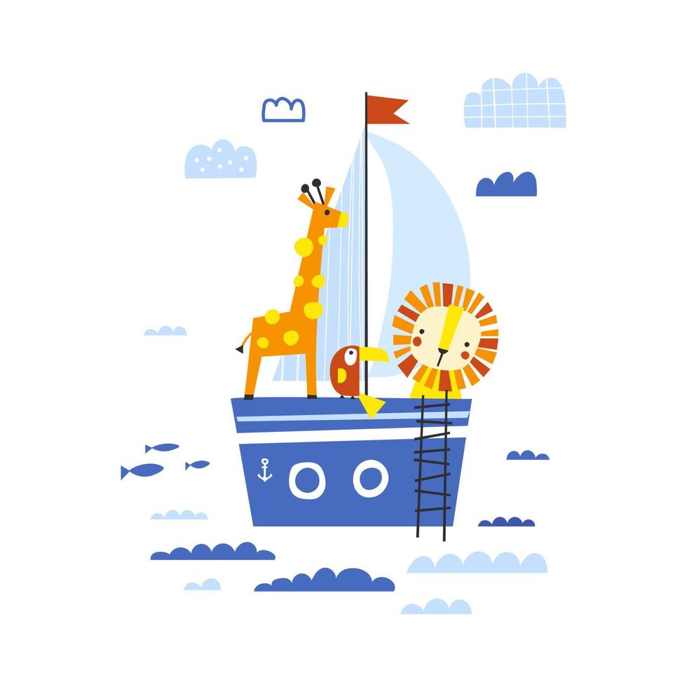 Animals on the ship. Vector illustrations