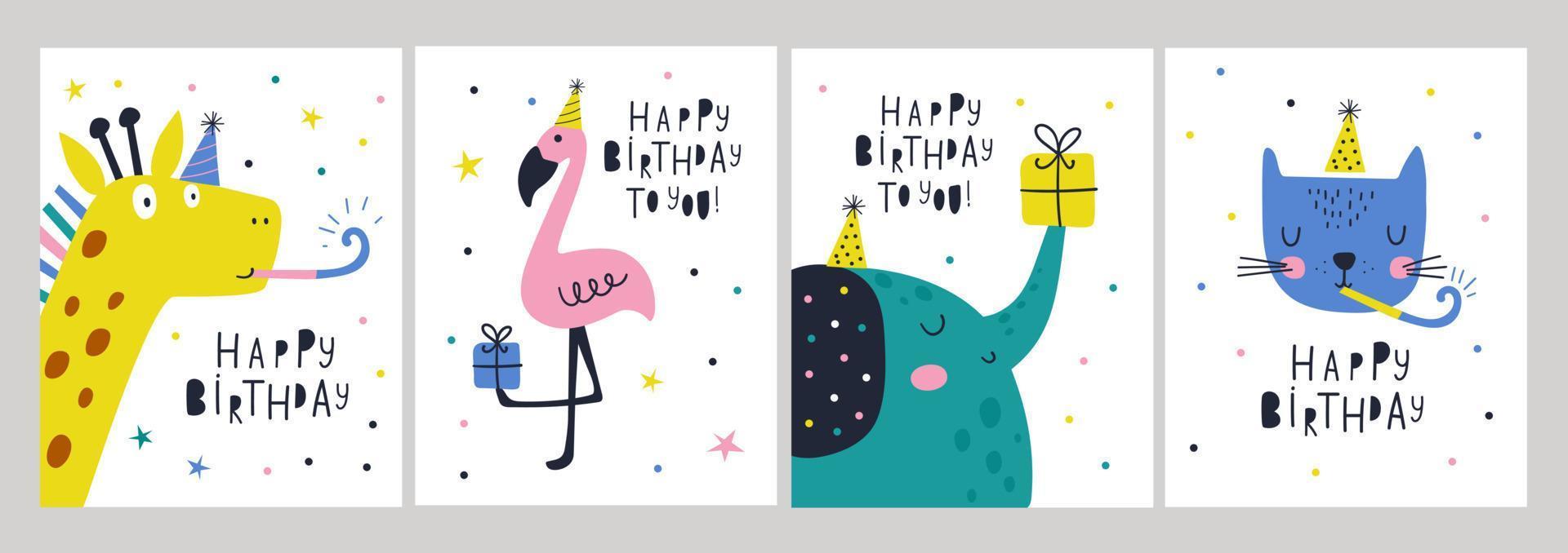 Happy birthday cards set with animals. Vector illustrations