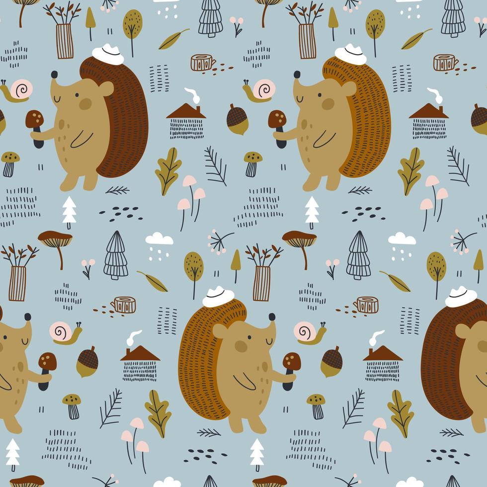 Seamless pattern with cute hedgehog with and autumn elements. Vector illustrations