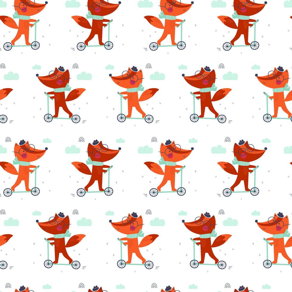 Seamless pattern with cute fox on a scooter. Kids print. Vector illustrations
