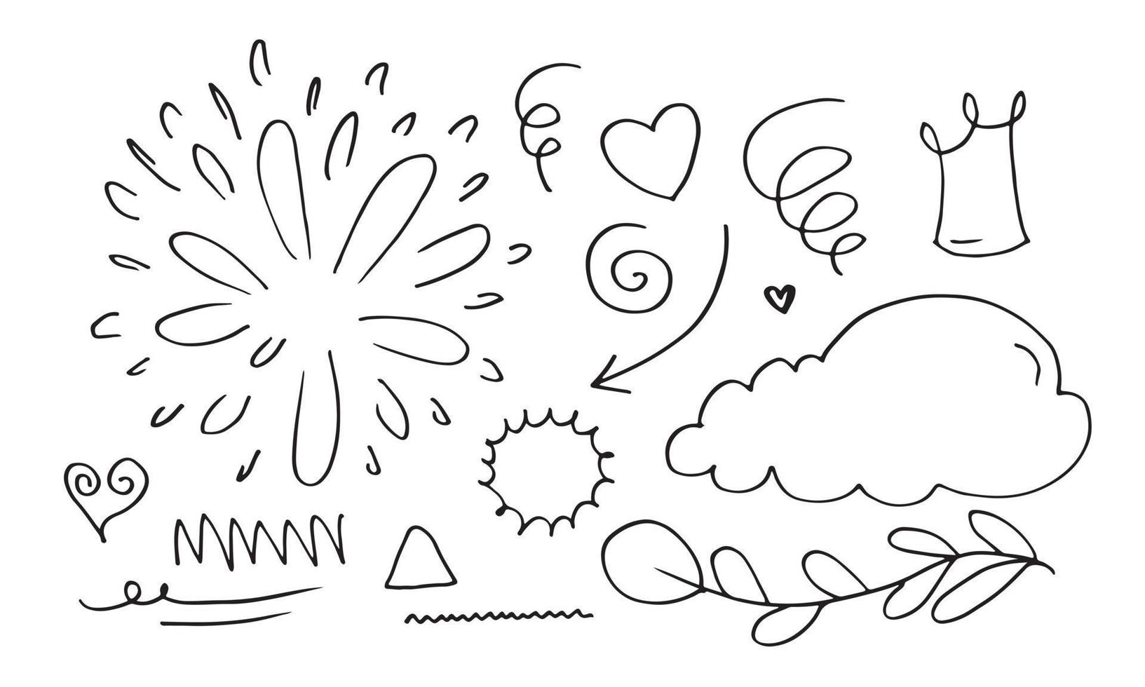 hand drawn set elements, black on white background. heart, light, king, emphasis, cloud, leaf, swirl, for concept design. vector