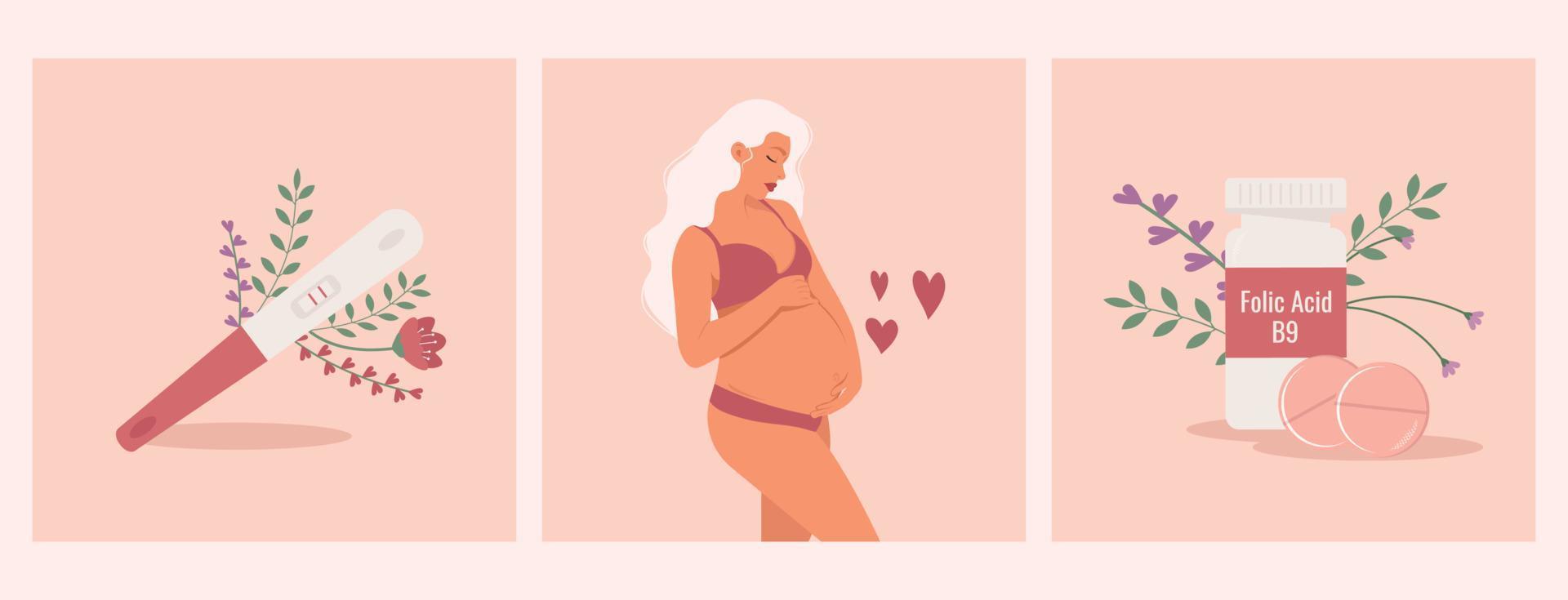 Set of illustrations on pregnancy and planning, taking folic acid, reproductive health, pregnancy test. Vector