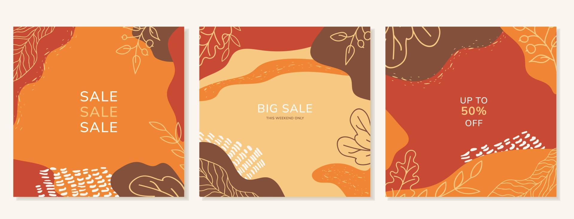 Set of autumn square backgrounds and social media banners with leaves. Flat style illustration. vector
