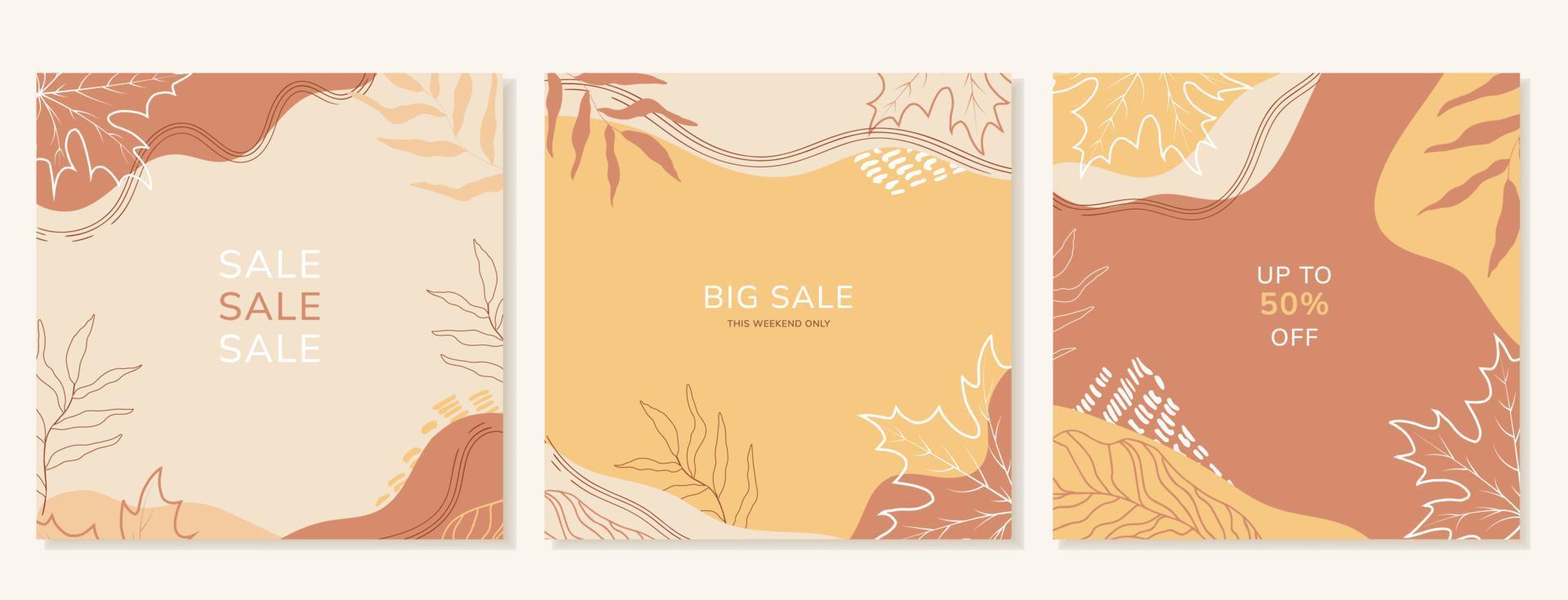 Trendy autumn square templates with leaves for social media posts, online advertising. Vector abstract backgrounds