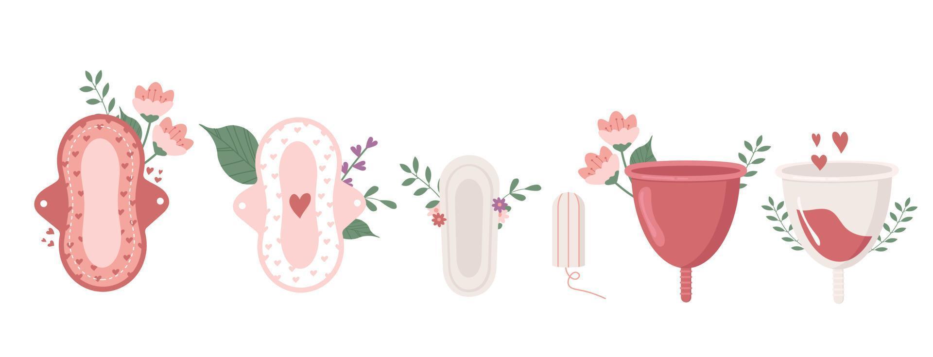 kit de higiene menstrual para mujer. ilustración de estilo plano de almohadillas, tampones, copas menstruales. vector