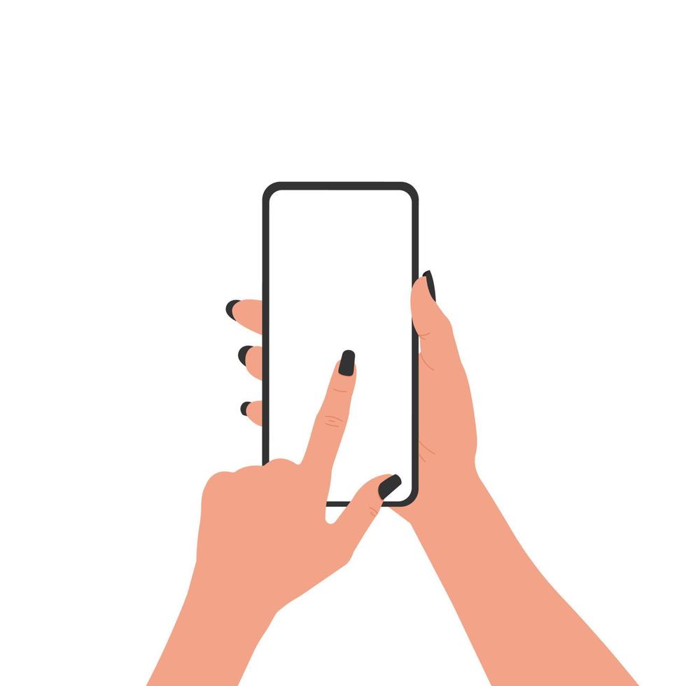 A woman hand holds a smartphone. Phone with a blank screen in a flat style on a white background. Vector