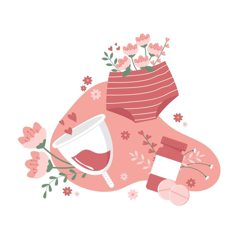 Flat menstrual design concept with feminine hygiene items, pads, menstrual cup, panties on pink background, vector